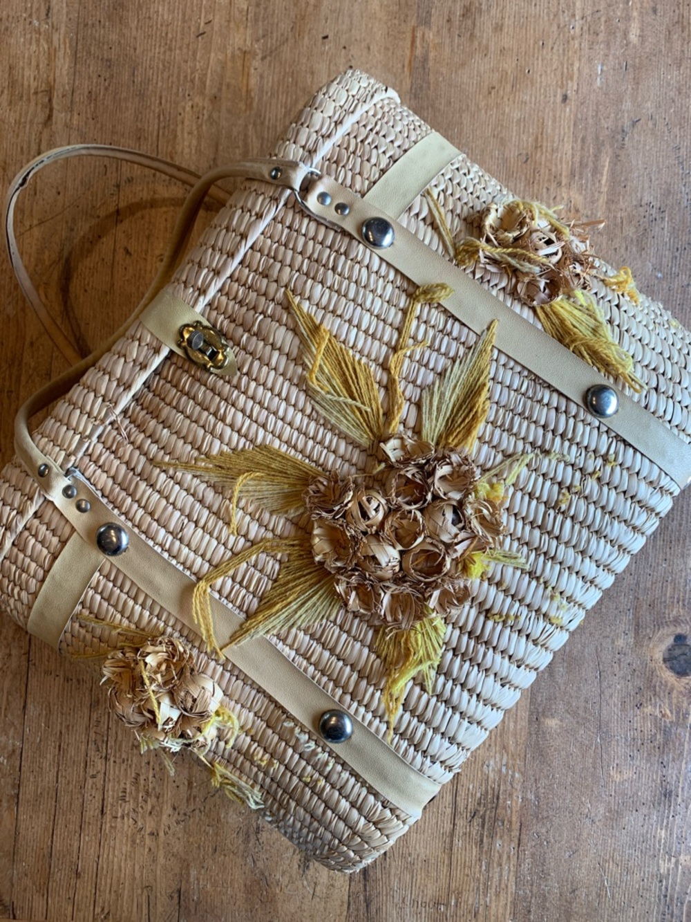 Vintage Woven Straw Tote with Yellow Floral Embroidery - Picture 14 of 16